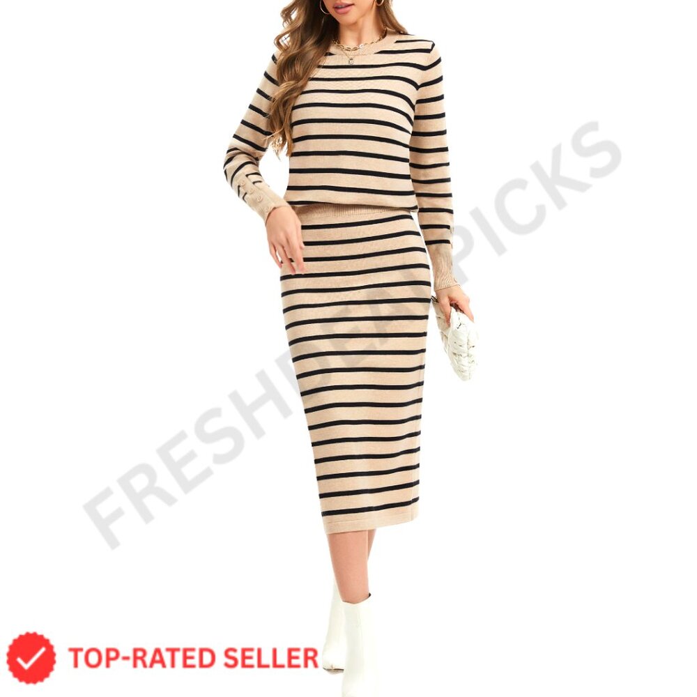 Striped Knit Sweater Skirt Set, Long Sleeve, Midi, Bodycon, Lounge Travel